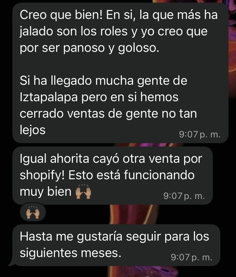 Cliente: cayó otra venta por Shopify, esto está funcionando muy bien